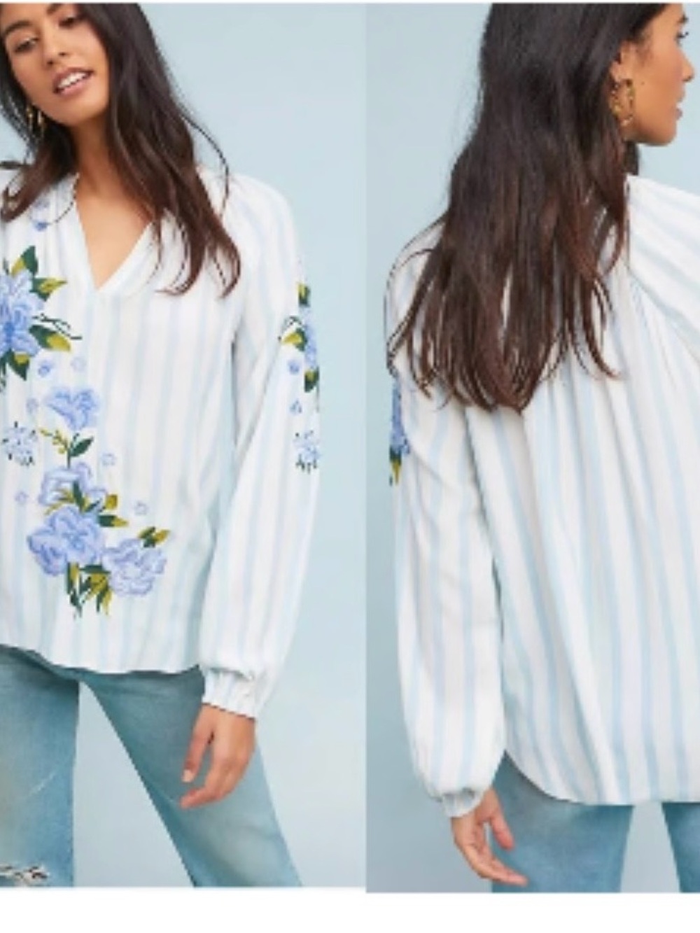 Anthropologie Striped V-Neck Peasant Blouse with Blue Floral Embroidery - L